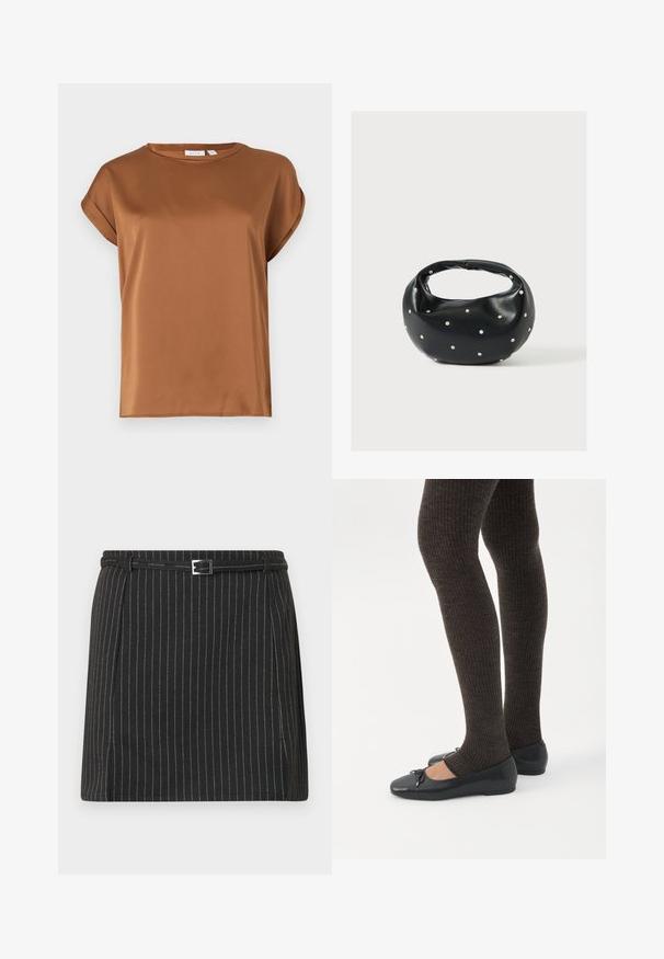 Blouse en satin camel marron à manches courtes avec un col rond et des poignets légèrement retroussés sur un fond uni.; Mini-jupe noire à fines rayures verticales blanches, dotée d'une ceinture fine avec une boucle rectangulaire argentée à la taille.; Jambes portant des leggings côtelés foncés associés à des ballerines noires avec de petits détails en nœud sur fond blanc.; Sac à main en cuir noir de forme arrondie, décoré de clous argentés et équipé d'une poignée courte. Texture lisse et fermeture éclair.