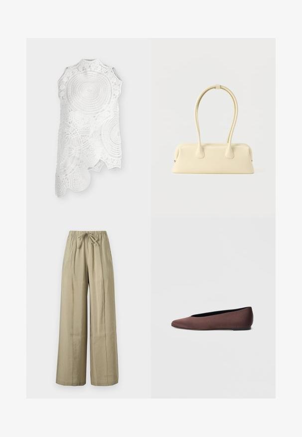 Top blanc sans manches en dentelle avec col montant et motifs circulaires et floraux complexes, avec un ourlet asymétrique.; Pantalon beige à jambes larges avec taille élastique et lien à l’avant, en tissu léger pour un usage décontracté.; Ballerines en tissu marron avec un bout pointu et une texture lisse, dotées d'un talon bas et d'une fine semelle noire. Aucune motif ni élément métallique visible.; Sac rectangulaire couleur crème avec coins arrondis et deux longues poignées courbées, présenté sur un fond blanc.