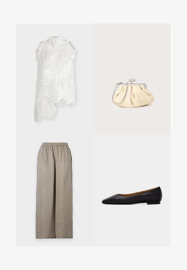 Top blanc sans manches en dentelle avec col montant et motifs circulaires et floraux complexes, avec un ourlet asymétrique.; Pantalon large marron clair avec taille élastique et poches latérales, présenté sur un fond uni.; Chaussure plate en cuir noir à bout pointu avec talon bas et finition lisse, vue de côté sur un fond gris clair.; Pochette en cuir beige plissé avec un cadre en métal argenté, dotée de deux fermoirs ronds décoratifs et d'une chaîne en argent.