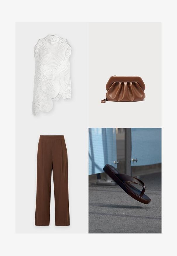 Top blanc sans manches en dentelle avec col montant et motifs circulaires et floraux complexes, avec un ourlet asymétrique.; Pantalon marron à jambes larges avec une texture lisse, présentant un devant plat et des plis. La taille est élastiquée pour le confort et l'ajustement.; Sandale tong en cuir brun foncé suspendue en l'air au-dessus d'un pavement gris avec des cloisons bleues et des poteaux métalliques en arrière-plan.; Pochette en cuir marron au design plissé et structure rigide en haut, équipée d'une petite anse pour poignet et de détails de fermoir dorés.
