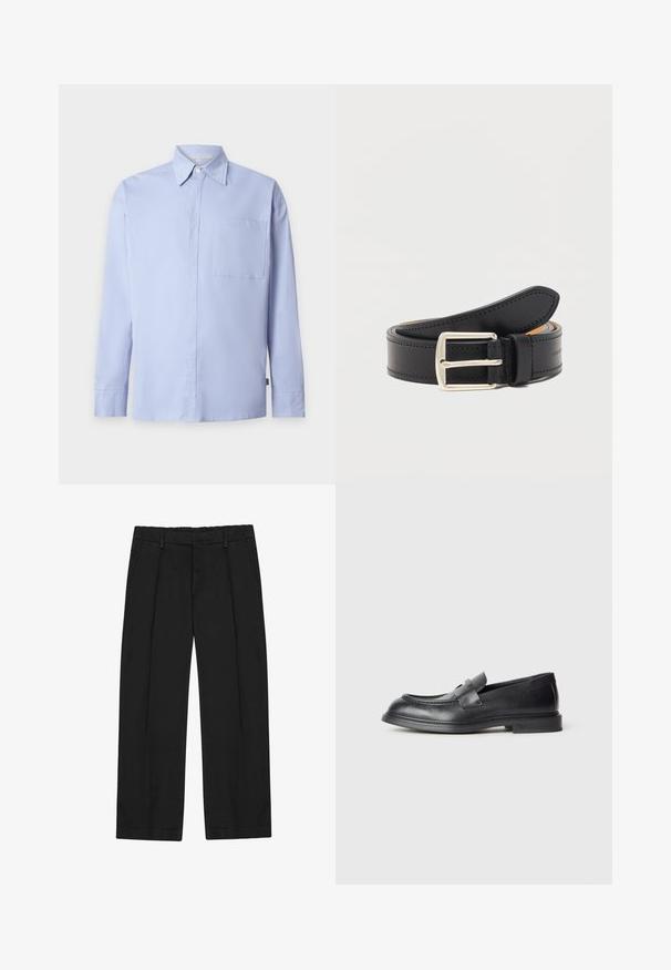 Chemise bleu clair à manches longues avec boutons, col pointu et une poche poitrine unique sur fond blanc uni.; Pantalon noir à coupe droite, avec des plis, des poches latérales et une ceinture plate. Confectionné dans un tissu lisse à finition mate.; Mocassins en cuir noir avec une finition texturée, dotés d'une bride décorative à l'avant et d'un bout arrondi. Semelle en caoutchouc pour plus de durabilité.; Ceinture en cuir noir avec boucle rectangulaire argentée, enroulée avec des coutures visibles le long des bords sur un fond blanc uni.