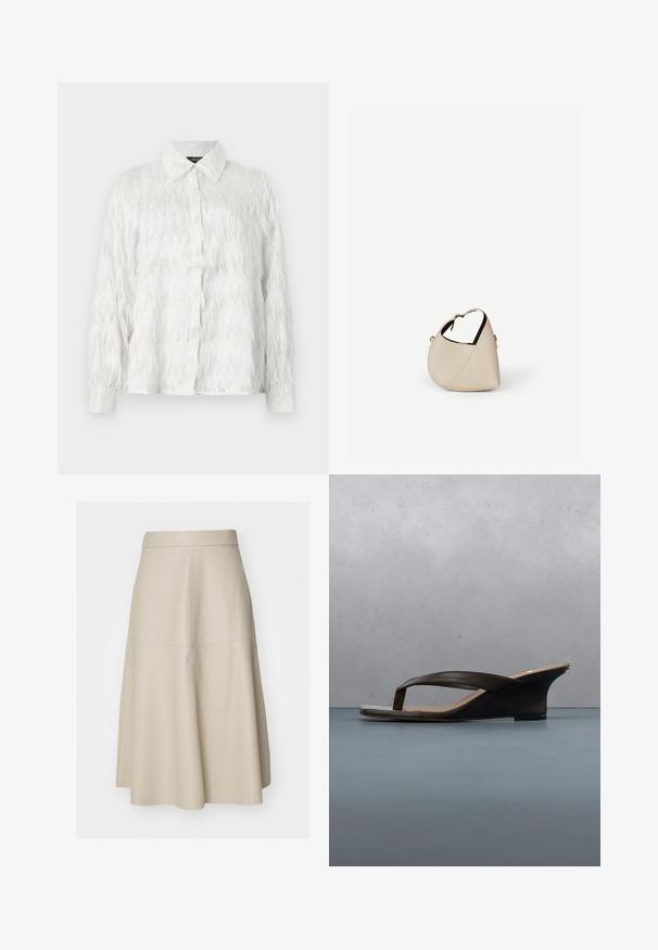 Witte button-up shirt met een gestructureerd zigzagpatroon en rafelige accenten, met een klassieke kraag en lange mouwen.; Beige A-lijn midi-rok met zichtbare naaddetails en een aansluitende tailleband, gemaakt van glad leerachtig materiaal.; Zwarte sleehak sandaal met teenslippers op een houten plank en stenen grond buiten, nabij groene planten en een betonnen muur.; Beige leren handtas in halvemaanvorm met een enkele schouderband en minimale stiksels, afgebeeld tegen een effen witte achtergrond.