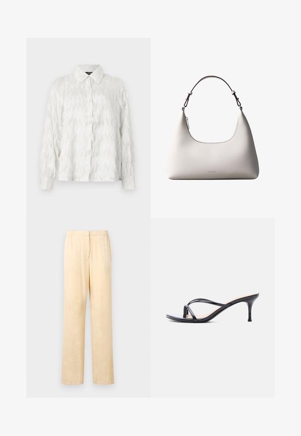 Witte button-up shirt met een gestructureerd zigzagpatroon en rafelige accenten, met een klassieke kraag en lange mouwen.; Lichtgele, loszittende broek met een subtiel bladerenpatroon. Voorzien van een elastische tailleband en een recht model. Glad textuur.; Zwarte laklederen sandaal met hakken, dunne gekruiste bandjes en een slanke, middelhoog stilettohak op een witte achtergrond.; Romige Calvin Klein leren schoudertas met gebogen bovenrand, zilveren rits en donkerbruine verstelbare riem.