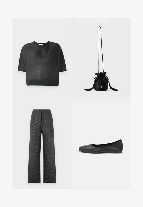Sort cropped T-shirt i let stof med V-hals, korte ærmer og ribbet kant. Minimalistisk design uden mønstre eller accenter.; Bredde ben bukser i mørkegrå stof med snor i taljen og små prikkede mønstre over det hele, hvilket giver et struktureret udseende.; Sort læderballetsko med rund tå, glat tekstur, minimal syning og et fleksibelt såldesign.; Sort snørelukket bucket-taske med lang tynd rem og lille gyldent firkantet logo foran, vist mod en ensfarvet baggrund.