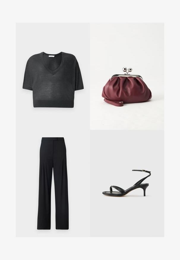Sort cropped T-shirt i let stof med V-hals, korte ærmer og ribbet kant. Minimalistisk design uden mønstre eller accenter.; Sorte bredde benbukser med flad front, folder og en skræddersyet talje. Lavet af glat, letvægtsstof.; Sort damesandal i læder med tynde remme, en tå-loop, ankelspænde og en mellemhøj stiletthæl på en neutral baggrund.; Lille bordeauxlæder clutch-pung med sølv metal lukning og håndledsrem på hvid baggrund.