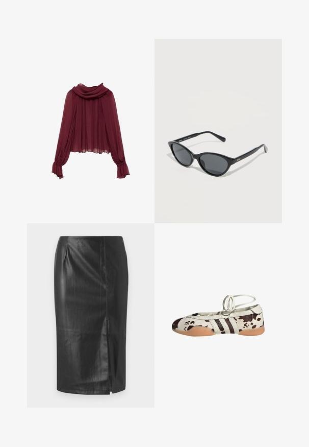 Bordeaux chiffonbluse med draperet hals og lange ærmer. Ærmerne har samlede manchetter, hvilket skaber en flydende silhuet.; Sorte læder blyant nederdel med et strømlinet design, der har en sideslids og en glat tekstur, velegnet til formelle eller afslappede anledninger.; Hvide balletflade sko i læder med brun ko-print, der har tre sorte striber på siden og en fleksibel, tanfarvet gummisål.; Sorte katteøje-solbriller med mørke linser og "QUAY"-logo på stængerne, hvilende på en lys overflade.