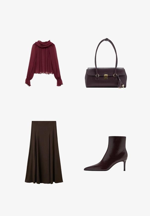 Bordeaux chiffon blouse met een gedrapeerde hals en lange mouwen. De mouwen hebben gather cuffs, wat een vloeiende silhouet creëert.; Bruine, lange rok gemaakt van een zachte, gladde stof. Heeft subtiele plooien, een eenvoudig ontwerp en een elastische tailleband voor comfort.; Bordeaux leren enkelboot met een spitse neus, slank design en een hoge stiletto hak. Vloeiende textuur met subtiele korrel details.; Donkerpaarse leren handtas met een gestructureerd ontwerp, dubbele handgrepen, gouden beslag en een platte klep met een sluiting en sleutelhangerdetail.