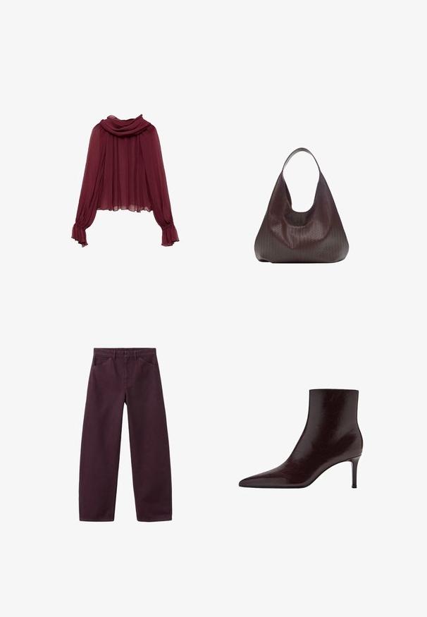 Bordeaux chiffon blouse met een gedrapeerde hals en lange mouwen. De mouwen hebben gather cuffs, wat een vloeiende silhouet creëert.; Donkerpaarse rechte broek met steekzakken aan de voorkant en riemlussen, afgebeeld tegen een witte achtergrond.; Bordeaux leren enkelboot met een spitse neus, slank design en een hoge stiletto hak. Vloeiende textuur met subtiele korrel details.; Bruine gevlochten leren hobo tas met een enkele schouderriem en een slungelige, gebogen vorm tegen een witte achtergrond.