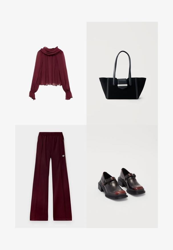 Burgundy chiffon-paita, jossa on roikkuva kaula-aukko ja pitkät hihat. Hihassa on kerrokselliset hihansuut, jotka luovat sulavan siluetin.; Bordeaux urheiluhousut rentoa mittasuhdetta, valmistettu sileästä materiaalista, joissa on kaksi sivutaskua ja valkoiset kontrastiväriset raidat sivuilla.; Nahkakengät, joissa on paksut kantapää ja kiiltävä tumman burgundin sävy, varustettu solkivyöllä ja pyöreällä kärjellä. Kuosisuojalla varustettu pohja, joka tarjoaa pitoa.; Musta mokkainen olkalaukku jämäkästi muotoiltu, pitkät nahkahihnat ja etutasku, jossa hopeinen merkkilaatta.