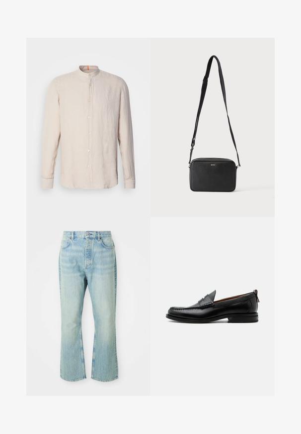 Hellbeige Leinenhemd mit langen Ärmeln und Stehkragen, vorderer Knopfverschluss und subtiler Textur. Mit orangefarbenem Akzent am Ausschnitt.; Hellblaue, ausgestellte Jean mit hoher Taille, ausgestattet mit fünf Taschen, Gürtelschlaufen und einem ausgewaschenen Denim-Look.; Schwarzer Leder-Herrenschuh mit Mokassinnaht, Penny-Riemen, strukturiertem Kragen und niedrigem gestapeltem Absatz auf weißem Hintergrund.; Schwarze rechteckige Umhängetasche mit verstellbarem Riemen und BOSS-Logo auf der Vorderseite, vor einem einfarbigen hellen Hintergrund.