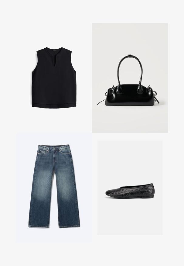 Mouwloos zwart topje met een ronde hals en een kleine opening aan de voorkant. Gemaakt van zachte stof, met subtiele stiksel langs de zoom.; Blauwe denim jeans met een wijdere pijp, ontwerp met vijf zakken en een vervaagde textuur op de dijen en knieën.; Zwarte gestructureerde platte schoen met een afgeronde neus en lage hak, weergegeven in zijaanzicht op een effen lichte achtergrond.; Kleine zwarte glanzende handtas met twee lange hengsels en zijkant trekkoord details op een effen lichte achtergrond.