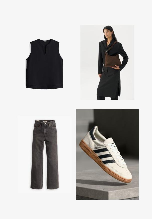 Mouwloos zwart topje met een ronde hals en een kleine opening aan de voorkant. Gemaakt van zachte stof, met subtiele stiksel langs de zoom.; Hoge taille, wijde pijp jeans van donkergrijze denim, met zijzakken, contrasterende koperen klinknagels en een strakke afwerking zonder versieringen.; Witte suède sneakers met marineblauwe strepen, rubberen gumzool, gestructureerde bovenkant, ronde neus en veters; heeft branding aan de zijkant en op de tong.; Vrouw in een zwarte blazer en rok, met een grote donkerbruine suède schoudertas tegen een witte achtergrond.