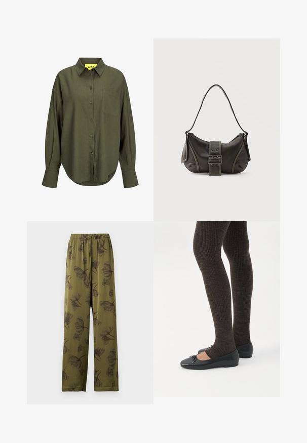 Camisa verde oliva de manga larga con botones, cuello con punta y bolsillo en el pecho, con un dobladillo ligeramente curvado y puños sobredimensionados.; Pantalones de pierna ancha verde oliva con cintura elástica y patrón de flores negras.; Piernas con leggings oscuros acanalados combinados con bailarinas negras que presentan pequeños detalles de lazo sobre un fondo blanco.; Bolso de hombro de cuero negro con detalle de correa con hebilla, bordes curvos y costuras blancas en contraste sobre un fondo liso.
