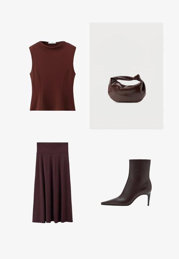 Haut ajusté sans manches de couleur brun foncé avec un col rond haut et des coutures discrètes sur les panneaux avant.; Jupe midi bordeaux en tissu doux avec une large ceinture élastique. Présente une coupe fluide qui se resserre légèrement vers l'ourlet.; Bottes en cuir marron à chevilles avec un bout pointu, tige élégante et un talon fin et haut. Texture lisse, design minimaliste, sans quincaillerie visible.; Sac bandoulière en cuir marron foncé avec une forme souple et décontractée et une anse nouée torsadée sur un fond blanc uni.