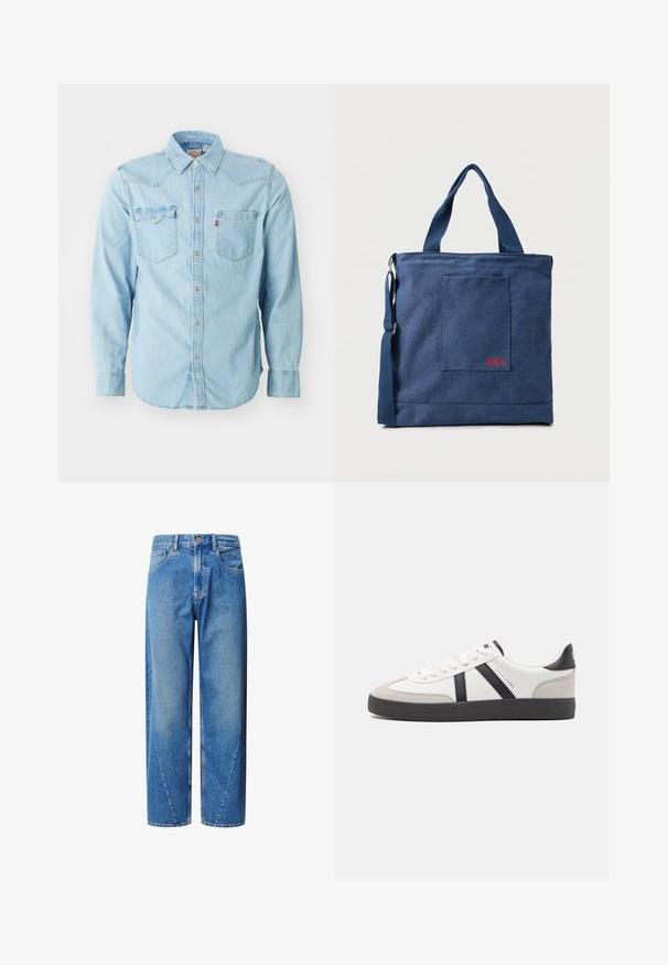 Lys blå denim skjorte med lange ærmer, spids krave, to brystlommer, sølvnapsknapper og kontrastsyninger. Glat tekstur.; Lys blå denim jeans med høj talje, vidde ben og skrå yokesømme. Har fem lommer og knaplukning.; Hvide sneakers med sorte og grå detaljer, med en tekstureret grå tåhætte, sort gummisål og flade hvide snørebånd. Rent design, minimalistisk stil.; Blå lærredstote taske med frontlomme og rød "O.N.S" broderi, med to håndtag og en justerbar skulderrem.