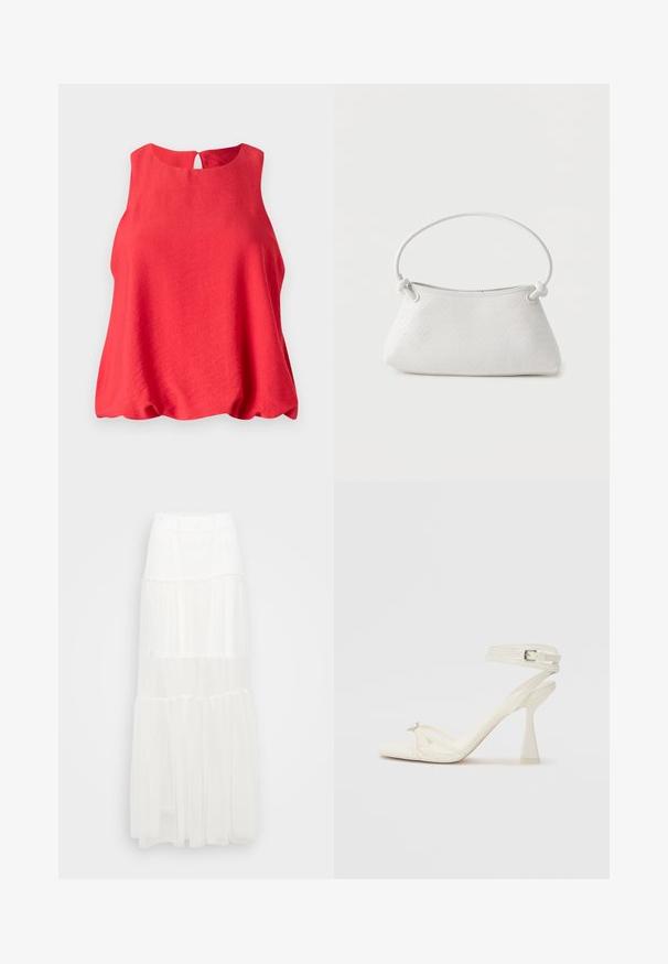 Top sans manches rouge avec un col rond et un dos en forme de clef. Fabriqué en tissu léger, il offre une coupe fluide et ample ainsi qu'une texture douce.; Jupe maxi blanche à volants avec une taille élastique. Fabriquée en tissu léger, elle présente des couches semi-transparentes et un design fluide.; Sandale à talons hauts à brides en cuir blanc avec un design épuré, un talon bloc transparent et un élément décoratif au niveau des orteils.; Sac à main en cuir tressé blanc avec poignée arrondie et extrémités de lanière nouées, présenté sur un fond uni.