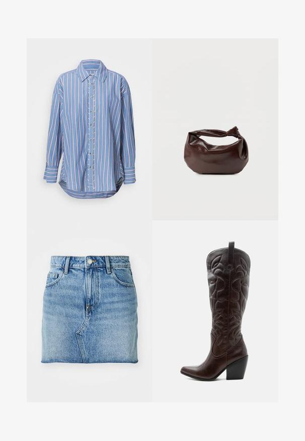 Blauw gestreepte overhemd met knopen, voorzien van rode en witte verticale strepen, lange mouwen, een omgeslagen kraag en een afgeronde onderkant.; Denim minirok met een lichtblauwe kleur, rechte snit, vijf zakken, en een knoopsluiting met een subtiele vervaging.; Lange donkerbruine leren cowboylaars met gestikte decoratieve patronen, spitse neus en gestapelde blokhak.; Donkerbruine leren schoudertas met een zachte, slungelige vorm en een gedraaide knoopvormige handgreep op een effen witte achtergrond.