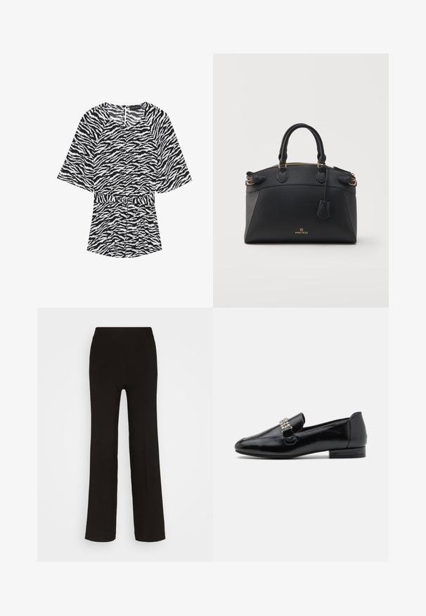 Top de estampado de cebra en blanco y negro con mangas cortas, escote redondo y cinturilla para una silueta ajustada. Tejido ligero con textura.; Pantalones de pierna ancha negros, fabricados en una tela suave, con una cinturilla alta ajustada y sin hardware o patrones visibles.; Mocasines de cuero negro con un tacón bajo, que presentan una hebilla de cristal decorativa en el empeine. Acabado suave con un diseño de punta redonda.; Bolso de mano de piel negra con dos asas, detalles con hebilla lateral, cremallera superior y pequeño logotipo dorado "Anna Field" en el panel delantero.