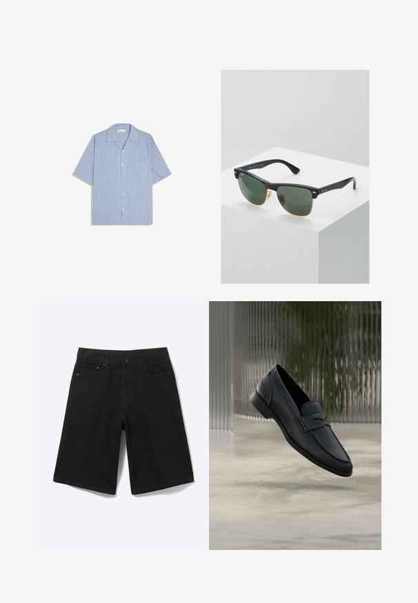 Chemise bleu clair à manches courtes avec boutons, rayures verticales noires et poche poitrine, posée à plat sur fond blanc.; Short en jean noir longueur genou avec bouton à l'avant, passants de ceinture et cinq poches, présenté sur fond blanc.; Mocassin en cuir noir à finition lisse, bout pointu et détails cousus sur le dessus. Talon bas et design minimaliste.; Lunettes de soleil Ray-Ban avec des verres verts, monture en plastique noir et accents dorés sur les bords. Forme carrée avec une finition mate.