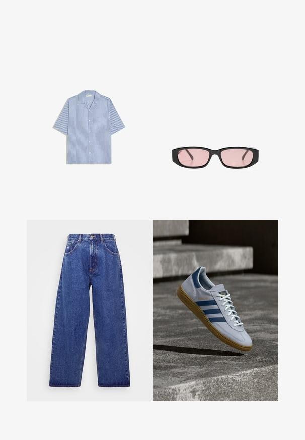 Chemise bleu clair à manches courtes avec boutons, rayures verticales noires et poche poitrine, posée à plat sur fond blanc.; Jean en denim bleu à larges jambes et taille haute, avec cinq poches, une fermeture à bouton et un léger délavage pour une texture.; Baskets Adidas Spezial bleu clair avec des rayures bleu marine et une semelle en gomme, montrées en l'air au-dessus d'escaliers en béton dans un environnement extérieur neutre.; Lunettes de soleil rectangulaires noires avec des verres étroits teintés de rose reposant sur une surface blanche.