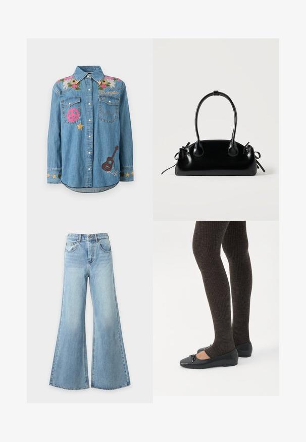 Chemise en jean à boutons avec broderie florale sur les épaules, patch rose en forme de signe de paix, étoiles dorées, texte "Wrangler" et patch guitare marron sur le devant.; Jean bleu clair à jambes larges en denim avec fermeture à bouton et fermeture éclair à l'avant, passants de ceinture et poches avant, présenté sur un fond uni.; Jambes portant des leggings côtelés foncés associés à des ballerines noires avec de petits détails en nœud sur fond blanc.; Petit sac à main noir brillant avec deux longues anses et des détails à cordon sur les côtés sur un fond clair uni.