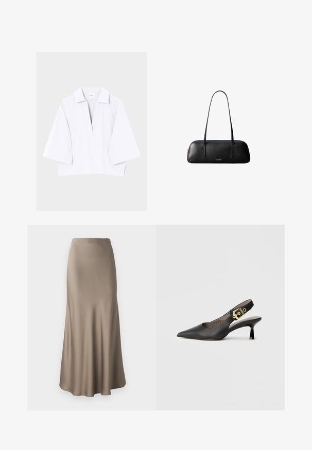 Chemise blanche ample avec larges manches trois-quarts et une encolure en V profonde, présentée sur un fond clair uni.; Jupe longue en satin marron avec une texture lisse, présentant une silhouette fluide et un ourlet légèrement évasé. Aucun matériel visible ni motifs.; Chaussure à talon haut noire à bride arrière, avec un bout pointu, une texture en cuir lisse et une accent de boucle dorée sur la bride.; Sac à main rectangulaire en cuir noir avec de longues lanières fines et un logo doré "Calvin Klein" au centre avant.