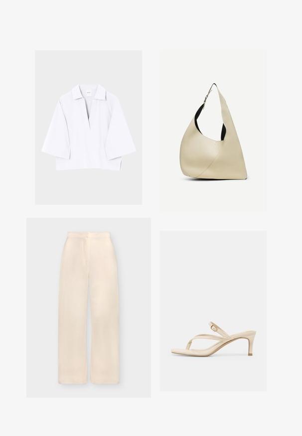 Chemise blanche ample avec larges manches trois-quarts et une encolure en V profonde, présentée sur un fond clair uni.; Pantalon crème taille haute, jambes larges, avec une fermeture devant dissimulée et une texture de tissu lisse.; Sandale à talon beige avec une boucle d'orteil, des lanières fines, une boucle dorée réglable et un petit talon kitten, sur fond blanc.; Sac à bandoulière en cuir lisse couleur crème, de forme triangulaire arrondie, avec une sangle réglable et une boucle en argent.