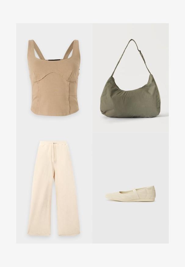 Beige cropped top med brede skulderstropper, glat tekstur, buede sømme og en tætsiddende pasform. Ingen synlige lukninger eller dekorationer.; Bredde benbukser i lysbeige, lavet af et struktureret stof. Har en elastisk talje med snoretræk. Enkel, udekoreret design.; Lysebrune ballet flats med en glat læderoverflade, mandelformet tå og elastisk rem over vristen, med diskrete syninger.; Skuldertaske i blødt olivengrønt stof med lynlås og justerbar rem på ensfarvet, lyst baggrund.