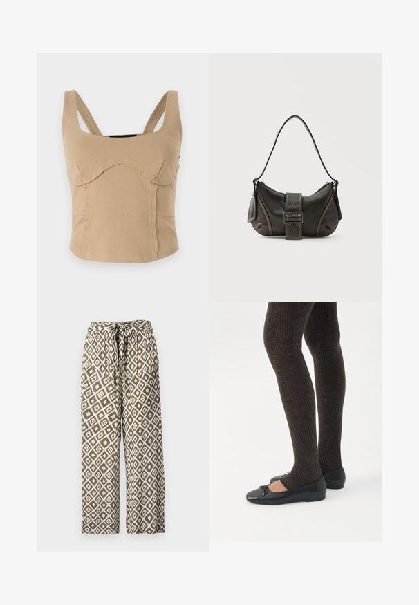 Beige cropped top med brede skulderstropper, glat tekstur, buede sømme og en tætsiddende pasform. Ingen synlige lukninger eller dekorationer.; Bredde ben bukser i olivengrøn og hvid. Har et diamantmønster og en snoretræk i livet. Fremstillet af letvægtsstof.; Ben iført mørke ribbede leggings kombineret med sorte balletsko med små sløjfedetaljer på hvid baggrund.; Sort læder skuldertaske med spænde på remmen, afrundede kanter og kontrasterende hvide syninger på en ensfarvet baggrund.