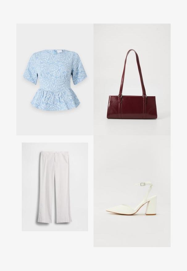 Svetlomodrý peplum top s krátkymi rukávmi, textúrovanou kvetinovou výšivkou, okrúhlym výstrihom a skrytým zipsom na chrbte.; Biele nohavice s rovnými nohavicami so zapínaním na zips a gombík vpredu, zobrazené na bielom pozadí rozložené na ploche.; Biele sandále na ihlovom podpätku s špicatou špičkou, nastaviteľným remienkom okolo členku a masívnym štvorcovým podpätkom. Hladká textúra s minimom švíkov.; Bordová kabelka vyrobená z lesklého materiálu, obdĺžnikový tvar, s dvoma ramennými popruhmi a jemnými zakrivenými akcentmi na prednej strane.
