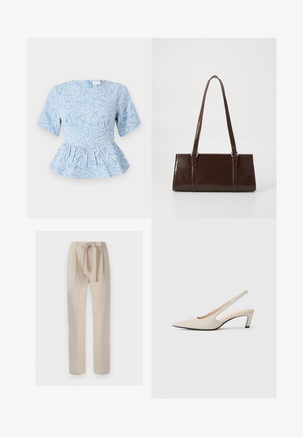 Top peplum azul claro con mangas cortas, bordado floral texturizado, escote redondo y cremallera oculta en la parte trasera.; Pantalones beige de cintura alta con un cinturón de tela atado en forma de lazo, corte de pierna recta y detalles mínimos sobre un fondo liso.; Tacones slingback beige con punta estrecha, laterales abiertos y un pequeño tacón cuadrado. Textura de cuero suave y diseño minimalista.; Bolso de mano de piel sintética marrón con forma rectangular, dos asas largas y sutiles acentos curvados en la parte delantera.