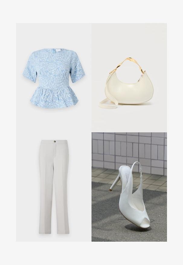 Hellblaues Peplum-Top mit kurzen Ärmeln, strukturiertem Blumenstickerei, runder Halslinie und einem verdeckten Reißverschluss hinten.; Hellegraue gerade geschnittene Hose aus glattem Stoff, mit einer Frontknopfverschluss, seitlichen Taschen und einer taillierten Passform.; Weißer Slingback-Pumps mit Absatz und offenem Zehenbereich auf dem Bürgersteig vor einer gefliesten Wand, wirft einen Schatten auf den Boden.; Cremfarbene, halbmondförmige Handtasche mit glänzendem, goldfarbenem kurzem Griff und passendem langem Riemen vor schlichtem hellem Hintergrund.