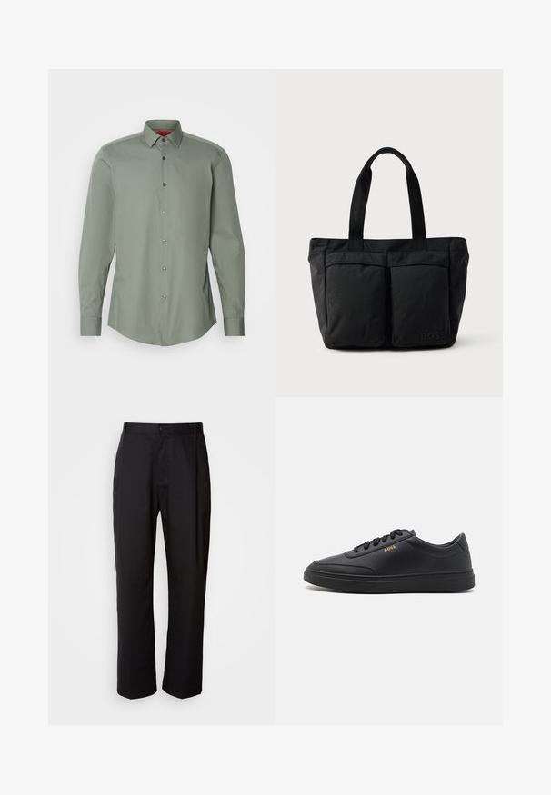 Chemise à manches longues en vert doux, en tissu léger. Comprend un col boutonné, des boutons gris et un ourlet arrondi.; Pantalon noir à coupe droite, en tissu léger. Il dispose d'une fermeture à bouton sur le devant et de deux poches latérales ; texture lisse.; Baskets en cuir noir avec une texture lisse, bout rond, semelle en caoutchouc plate et lacets ton sur ton. Présente une marque "BOSS" dorée sur le côté.; Sac fourre-tout noir en tissu doux, avec deux poches avant et des anses robustes. Logo affiché sur le côté. Design simple et fonctionnel.