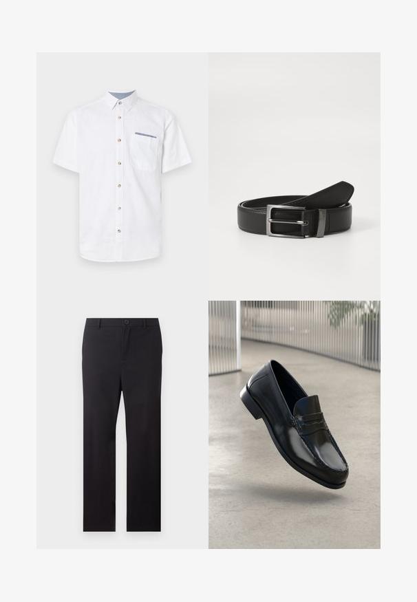 Chemise blanche à manches courtes en coton, avec un devant à boutons, des boutons marron, et une poche poitrine avec un accent bleu.; Pantalon noir droit avec passants de ceinture et fermeture à bouton sur le devant, sur fond blanc.; Mocassins en cuir noir à finition lisse, bout arrondi, coutures décoratives et semelle extérieure légèrement surélevée.; Ceinture en cuir noir avec une boucle en métal argenté, présentant une finition lisse et un design classique. La ceinture est soigneusement pliée.