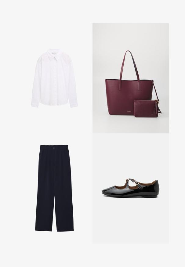 Chemise blanche à boutons avec un col, motif à pois texturé et manches longues, en tissu de coton léger.; Pantalons large bleu marine avec une texture lisse, taille élastique, pli avant unique et fermeture à bouton à la taille.; Chaussure plate Mary Jane en cuir verni noir avec deux découpes et une bride à boucle dorée sur fond blanc.; Sac fourre-tout en cuir vegan bordeaux avec deux poignées robustes, comprenant une pochette zippée assortie avec un accent de breloque. Fini lisse et texturé.