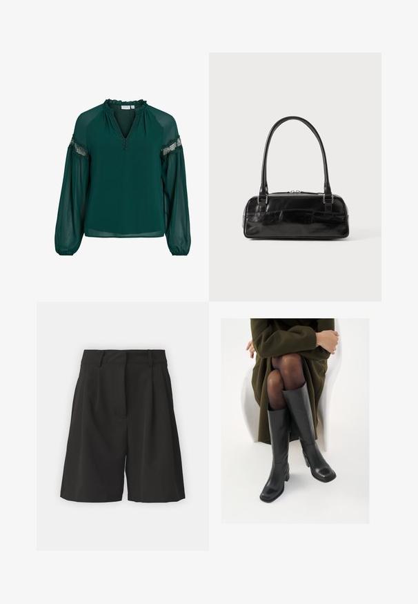 Mørkegrøn bluse lavet af letvægtsstof, med en flæsekrave, blonder på ærmerne og en løs pasform med samlede manchetter.; Sorte shorts med et skræddersyet design, der har læg foran, en bred talje, og en glat overflade. Ingen synlige lommer.; Knæhøje sorte læder støvler med firkantet tå og blokhæl, vist med en model siddende i en olivengrøn frakke. Glat tekstur, minimal detaljer.; Sort læderhåndtaske med rektangulær form, der har et enkelt struktureret håndtag, sølvhardware og lynlås-lukning. Glat tekstur.