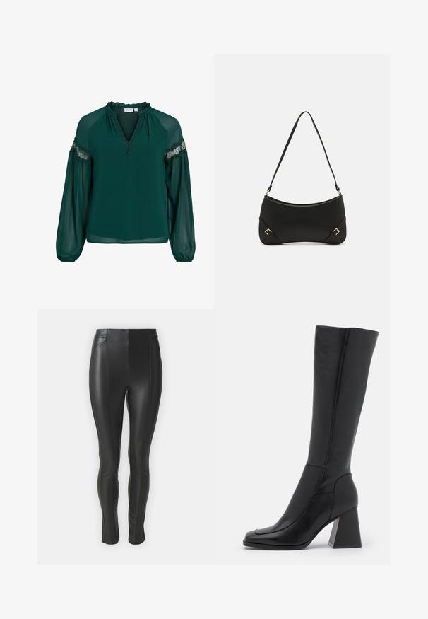 Donkergroene blouse gemaakt van lichte stof, met een ruches halslijn, kantaccenten op de mouwen en een losvallende pasvorm met gathered cuffs.; Zwarte neplederen legging met een strak ontwerp, met een hoge taille, zijkanten voor vormgeving en een gladde textuur.; Zwarte leren laars tot de knie met een vierkante neus, een gladde textuur, een taps toelopend ontwerp en een stevige blokhak. Voorzien van stiksels.; Call it Spring KOURTNEY - Handtas - black