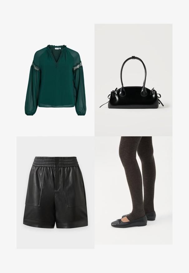 Donkergroene blouse gemaakt van lichte stof, met een ruches halslijn, kantaccenten op de mouwen en een losvallende pasvorm met gathered cuffs.; Zwarte neplederen shorts met elastische tailleband, voorste drukknoop, grote voorzakken en rechte zoom.; Benen met donkere geribbelde leggings gecombineerd met zwarte ballerina's met kleine strikdetails op een witte achtergrond.; Kleine zwarte glanzende handtas met twee lange hengsels en zijkant trekkoord details op een effen lichte achtergrond.