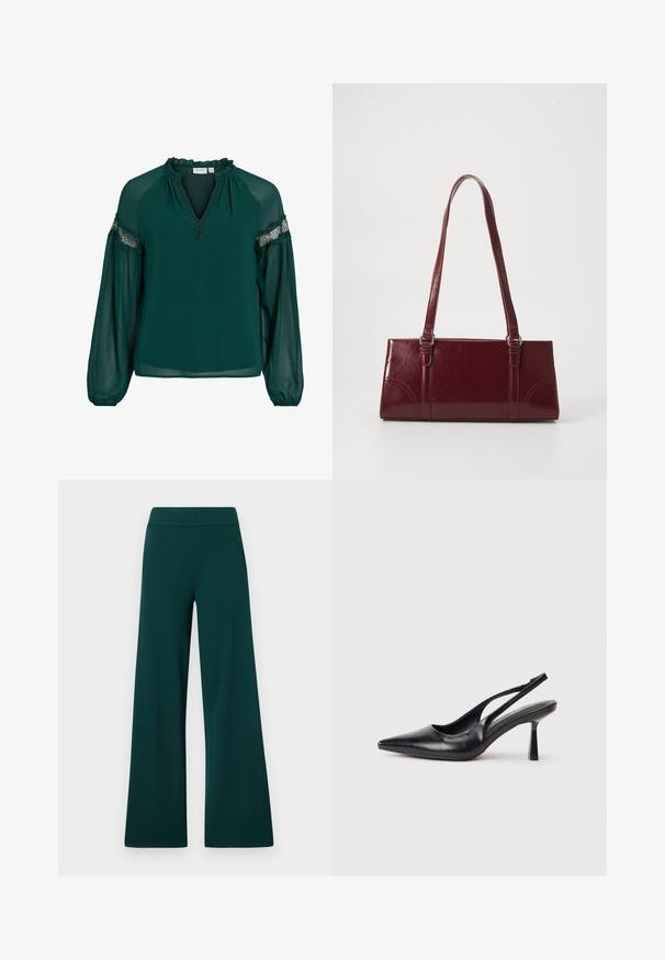 Donkergroene blouse gemaakt van lichte stof, met een ruches halslijn, kantaccenten op de mouwen en een losvallende pasvorm met gathered cuffs.; Brede broek in donkergroen stof, met een gladde textuur, een elastische tailleband en twee zijzakken. Geen zichtbare patronen of beslag.; Zwarte leren slingback hoge hak schoenen met puntige neus en slanke hak op een witte achtergrond.; Bourgondische handtas van glanzend materiaal, rechthoekige vorm, met twee schouderbanden en subtiele gebogen accenten aan de voorkant.