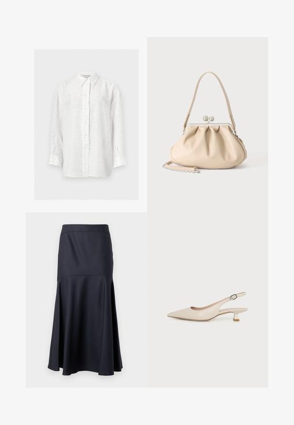 Chemise blanche à manches longues boutonnée avec un motif subtil de sequins à pois et un col classique sur fond uni.; Jupe noire taille haute en A avec une couture sous les hanches, s'élargissant vers l'ourlet, présentée sur un fond uni.; Chaussure slingback beige à bout pointu avec un petit talon kitten et une boucle latérale réglable sur fond blanc uni.; Sac à main en cuir souple beige avec un fermoir en métal argenté, une bandoulière simple et une bandoulière chaîne optionnelle sur fond blanc.