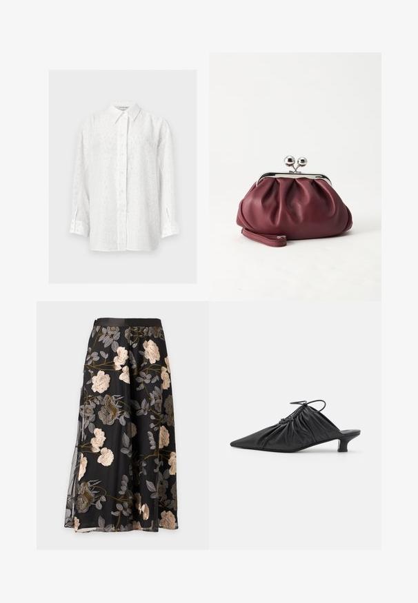 Chemise blanche à manches longues boutonnée avec un motif subtil de sequins à pois et un col classique sur fond uni.; Jupe midi noire avec un voile transparent, avec une broderie florale beige et grise et une ceinture noire.; Mules noirs en cuir à enfiler avec un bout pointu, une texture froncée et un petit talon aiguille. Présente un détail à cordon au niveau de l'ouverture.; Petit sac pochette en cuir bordeaux avec fermoir métallique argenté et bracelet sur fond blanc.