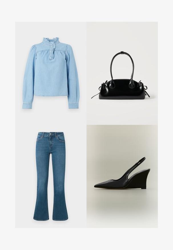 Lyseblå denimbluse med en rynket krave, frontknaplukning og lange pufærmer. Glat tekstur med samlet detaljering.; Blå denim flared jeans med en mellemhøj talje, fem-lomme design og diskrete syninger. Glat tekstur med en klassisk vask.; Sort læder slingback-sko med spids tå og høj kilehæle på en neutral baggrund.; Lille sort blank håndtaske med to lange håndtag og snøre-detaljer i siden på en ensfarvet lys baggrund.