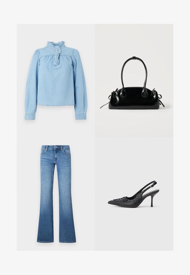 Blouse en denim bleu clair avec un col volanté, une patte de boutonnage sur le devant et de longues manches bouffantes. Texture lisse avec des détails froncés.; Jean flare bleu clair en denim. Comprend un design à cinq poches, une fermeture par bouton métallique et un léger délavage près des genoux.; Escarpin en cuir noir à talon aiguille avec un bout pointu, une bride latérale à boucle, des clous le long du bord et un laçage décoratif à l'avant.; Petit sac à main noir brillant avec deux longues anses et des détails à cordon sur les côtés sur un fond clair uni.