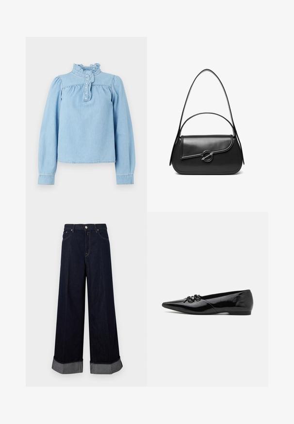 Blouse en denim bleu clair avec un col volanté, une patte de boutonnage sur le devant et de longues manches bouffantes. Texture lisse avec des détails froncés.; Pantalon en denim foncé à jambes larges et taille haute, avec une fermeture par bouton et zip, des coutures contrastantes et des revers avec des accents gris.; Ballerines en cuir verni noir avec un bout pointu, présentant un nœud décoratif à l'avant et un design de talon bas et élégant.; Sac à bandoulière en cuir noir avec un rabat incurvé fermé par un fermoir métallique rond et une sangle fine et ajustable.