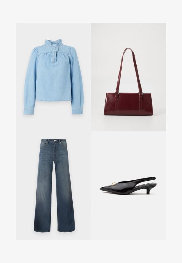 Lichtblauwe denim blouse met een ruches kraag, een knopenrij aan de voorkant en lange pofmouwen. Gladde textuur met geplooide details.; Brede denims met wijde pijpen in donkerblauw, met een verwasde afwerking, knoopsluiting en vijf-pocketstijl. Gladde textuur, minimale stikseldetails.; Zwarte lakleren slingback kitten heel met een spitse neus en een klein gouden rond ornament bovenop.; Bourgondische handtas van glanzend materiaal, rechthoekige vorm, met twee schouderbanden en subtiele gebogen accenten aan de voorkant.