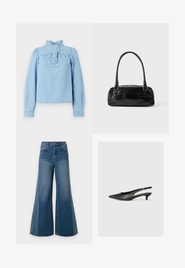 Lyseblå denimbluse med en rynket krave, frontknaplukning og lange pufærmer. Glat tekstur med samlet detaljering.; Bredde ben denimjeans i mørkeblå vask, med høj talje, fem lommer og klassisk knaplukning. Glat tekstur med minimal falming.; Sorte spidse slingback-sko lavet af glat læder. Har en tynd hæl og en spænde detalje på den justerbare rem.; Sort læderhåndtaske med rektangulær form, der har et enkelt struktureret håndtag, sølvhardware og lynlås-lukning. Glat tekstur.