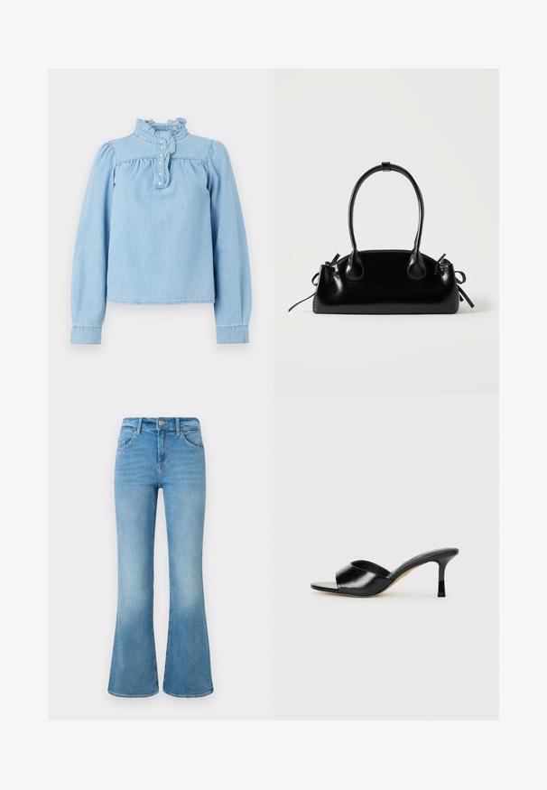 Blusa de mezclilla azul claro con un cuello con volantes, botonera en la parte frontal y mangas largas abullonadas. Textura suave con detalles fruncidos.; Jeans de campana en denim azul claro con bolsillos frontales, presillas para cinturón y cierre de botón sobre un fondo blanco.; Mules de tacón alto de cuero negro con diseño de punta descubierta y una amplia correa superior curva. Textura suave y silueta elegante.; Pequeño bolso negro brillante con dos asas largas y detalles de cordón lateral sobre un fondo claro liso.
