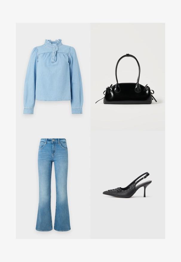 Lichtblauwe denim blouse met een ruches kraag, een knopenrij aan de voorkant en lange pofmouwen. Gladde textuur met geplooide details.; Lichtblauwe spijkerbroek met flair, voorzien van voorzakken, riemlussen en een knoopsluiting, tegen een witte achtergrond.; Zwarte leren slingback stiletto met spitse neus, zijgesp met gesp, studs langs de rand en decoratieve veters aan de voorkant.; Kleine zwarte glanzende handtas met twee lange hengsels en zijkant trekkoord details op een effen lichte achtergrond.