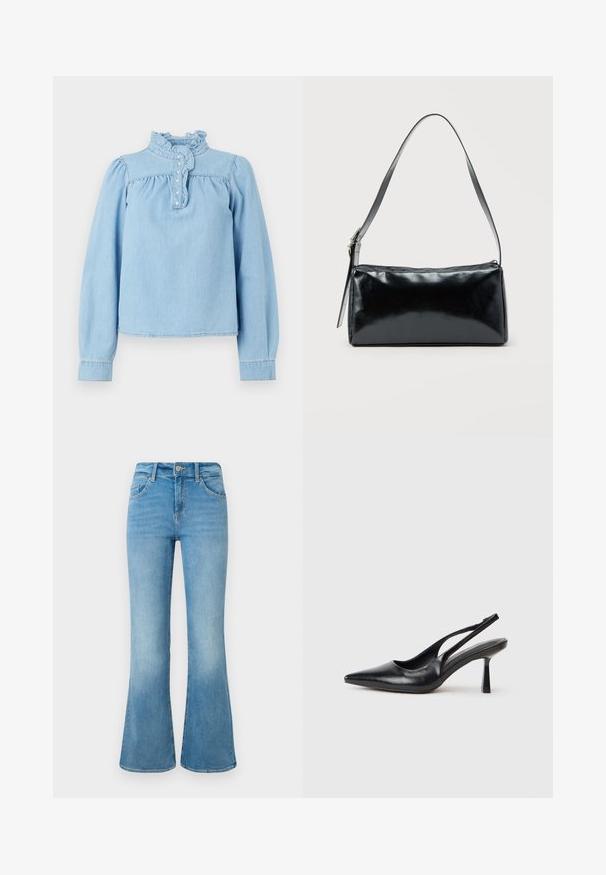 Lichtblauwe denim blouse met een ruches kraag, een knopenrij aan de voorkant en lange pofmouwen. Gladde textuur met geplooide details.; Lichtblauwe spijkerbroek met flair, voorzien van voorzakken, riemlussen en een knoopsluiting, tegen een witte achtergrond.; Zwarte leren slingback hoge hak schoenen met puntige neus en slanke hak op een witte achtergrond.; Zwarte rechthoekige schoudertas met een enkele verstelbare band en een bovenste ritssluiting op een effen achtergrond.
