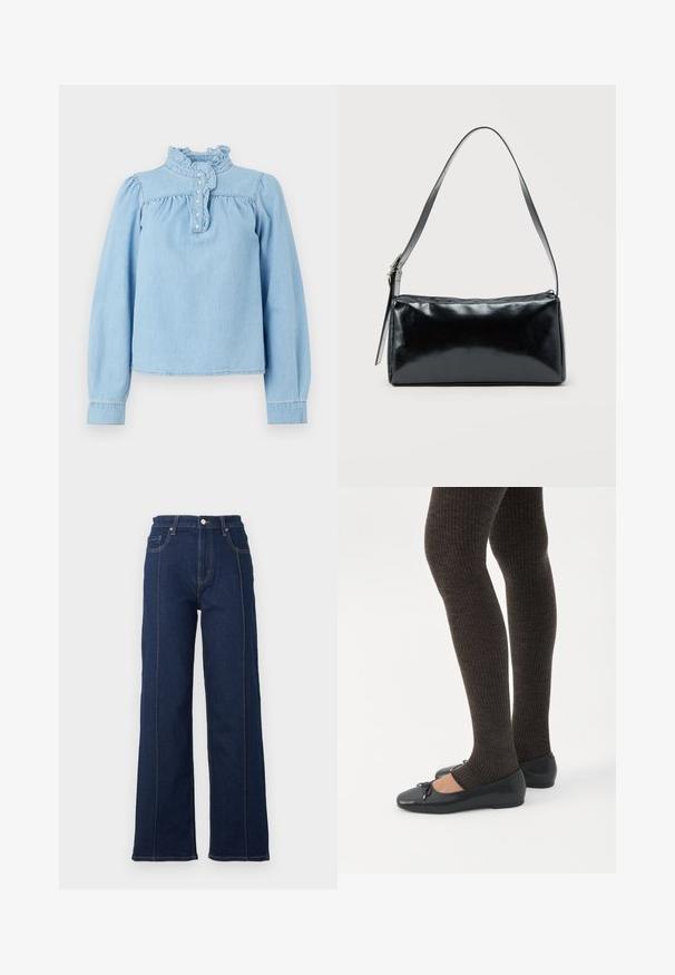 Lyseblå denimbluse med en rynket krave, frontknaplukning og lange pufærmer. Glat tekstur med samlet detaljering.; Mørkeblåt denim brede ben jeans med fremtrædende syninger, høj talje og fem lommer. Har en front lukning med knap og lynlås.; Ben iført mørke ribbede leggings kombineret med sorte balletsko med små sløjfedetaljer på hvid baggrund.; Sort rektangulær skuldertaske med en enkelt justerbar rem og lynlås i toppen på en ensfarvet baggrund.